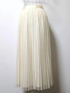 チュールプリーツロングスカート アイボリー M-L ウエストゴム 美シルエット
