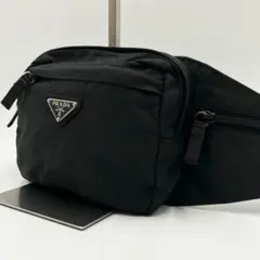 良品 プラダ ボディバッグ テスートナイロン 白タグ 三角ロゴ レザー ブラック