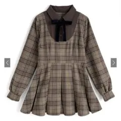 【タグ付き新品】リボン付きシャツドッキングチェック柄プリーツミニワンピース