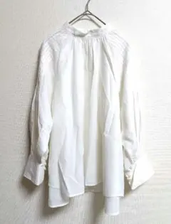 グリーンレーベルリラクシング　シアー タックスリーブ 7分袖 ブラウス　ホワイト