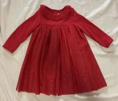 プチバトー　長袖　チュールラメワンピース　80cm 赤