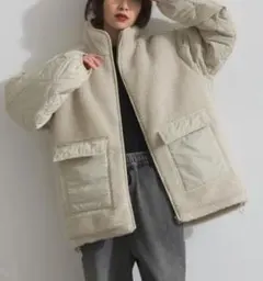 ボアジャケット スタンドカラー アウター【ライトベージュ】異素材切替 防寒