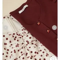 Sustainableフルーツプリントワンピース　フルーツボタンパフニットカーデ