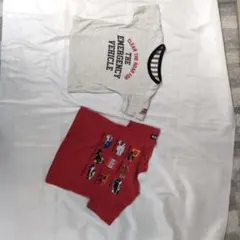 トミカ柄と腕に消防車柄の働く車tシャツ2枚セット保育園着回しセット売り