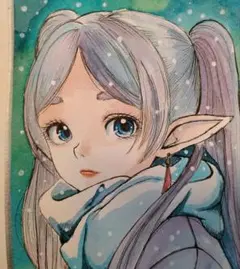 手描きイラストA4　水彩画『雪の深呼吸』