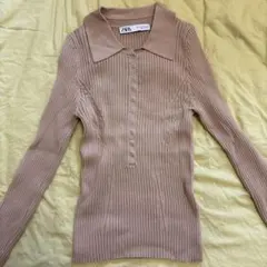 ZARA リブ編みポロシャツ ベージュ 長袖