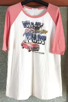 ★　オレンジとクリームのツートンカラーにカジュアルな車プリントの七分丈カットソー