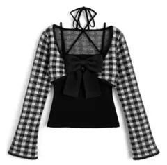 チェック柄シャギーボレロ×ホルターネックリボンキャミソールニットアンサンブル