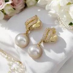 結婚式パールとストーンのドロップイヤリングノンホールピアス 痛くならない