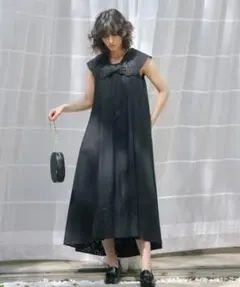 SNIDEL 刺繍襟 ビッグカラー ロングワンピース ブラック ノースリーブ