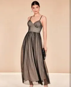 ドット柄マキシドレス ベージュ　ドレス　結婚式　　キャミワンピース　お呼ばれ