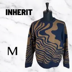 美品✨【INHERIT】ウールクルーネックニット　波紋柄　厚手　ブラウン　M