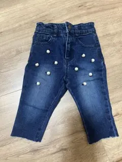 プティマイン パール装飾付きダークブルーデニムパンツ