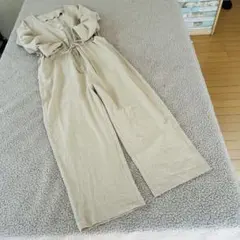 美品春夏♠︎サロペット♠︎ベージュ 【M】ワイドパンツ 綿100リボン長袖　ゆったり