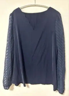 SHEIN レディース ブラウス 長袖 シアー袖 Vネック ネイビー 春トップス