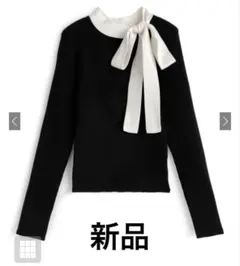新品　配色リボンリブニットトップス　ブラック