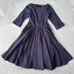 701 ピーチジョン　七分袖 フレアワンピース　シンプル　上品　ネイビー　紺　S