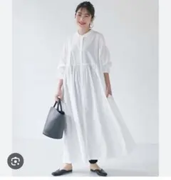 coca バンドカラーウエストギャザーワンピース　白