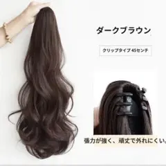 ふんわりウェーブ クリップ ポニーテール 45cm ダークブラウン エクステ