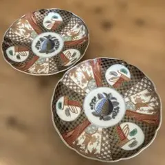 古伊万里 金彩色絵赤皿2客揃 アンティーク/伊万里焼 レトロ 明治