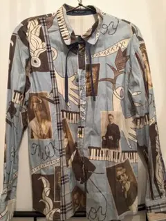 アートプリント長袖シャツ　柄シャツ　総柄　猫柄　アンティーク　古着風　水色のサムネイル