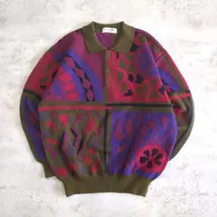 90s Vintage モード 総柄ポロニット 3Dニット L アート柄 Y2K
