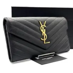 極美品◆SAINT LAURENT 長財布 キャビアスキン YSLロゴ ブラック