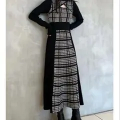 rienda 2way ロングスリーブ千鳥柄フレアニットワンピース