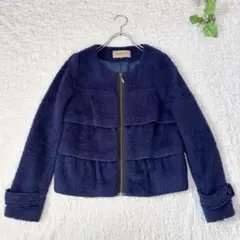プロポーションボディドレッシング＊ネイビー　フリル　ノーカラージャケット　ボア