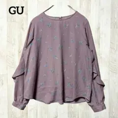 GU 長袖花柄フリルブラウス L ピンクプルオーバー ラッフル袖 きれいめ