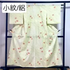 美品［ 小紋/絽 ］ポリエステル　薄黄　花柄　夏着物　薄物　盛夏　洗える　洗濯のサムネイル