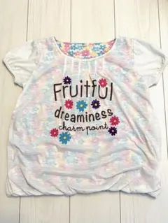キッズ 女の子 ロゴ入り花柄Tシャツ ホワイト パステル 140cm