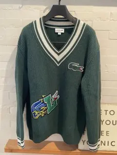 LACOSTE ダークグリーン Vネックセーター US L