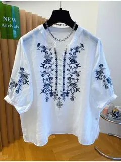 高級感 2色 ゆったり 刺繍 綺麗 五分袖 ブラウス 前ボタン おしゃれ度高め