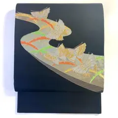 5k1577 京袋帯　蝶　唐織　黒　金色　銀色　黄色　緑　柄物　和装