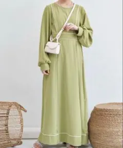 ヴァニーユー バイカラー パイピング　オリーブグリーン 長袖 ワンピース　F