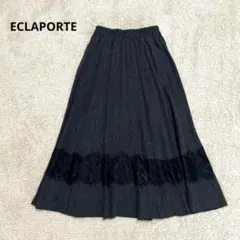 【ECLAPORTE】ニットフレアスカート　レース　秋冬　ロング丈　ブラック