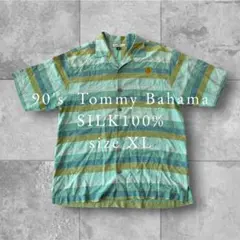 【TommyBahama】希少90s半袖シャツボーダー刺繍ロゴ開襟シルクXL夏のサムネイル