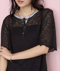 forksy. シアーワッフル 配色 へンリーネック 半袖 Tシャツ