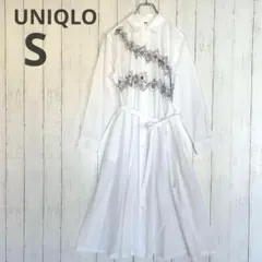 【ユニクロ】シャツワンピース ホワイト 花柄 長袖 ロング ウエストリボン S