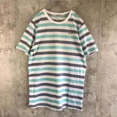 Y3471古着　Tシャツ ボーダー　白　緑　グレー　キッズ　90s Y2K