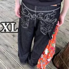 バギーデニム XL 刺繍 ワイド ジーンズ デニム Y2K風 極太 綿 ブラック