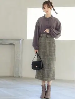 ベルト付ツイードグレンチェックタイトスカート［nr283a］　グレイル