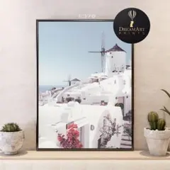 A4 インテリアポスター サントリーニ 風車 白い街 青空 爽やか地中海 旅気分