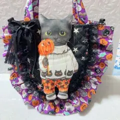BIG黒猫バミちゃんフリルトート　コヤンイサムチョン　ハロウィン柄&パールレース