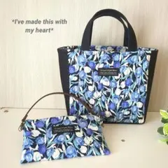 水彩画調四角いトートバッグsetꕤ︎︎handmadeꕤ︎︎デニム チューリップ