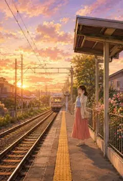 ローカル線 夕暮れ ノスタルジー 電車 駅 ホーム 女性 風景画 C187