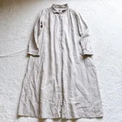 美品　無印良品　リネン　ギャザー　シャツワンピース　ベージュ　麻