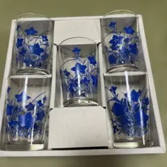 青い花柄ガラスグラス5個セット　昭和レトロ　東洋ガラス