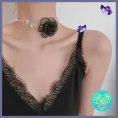 パール風ビーズ ネックレス 黒色 お花 チョーカー 首飾り長さ調整可能